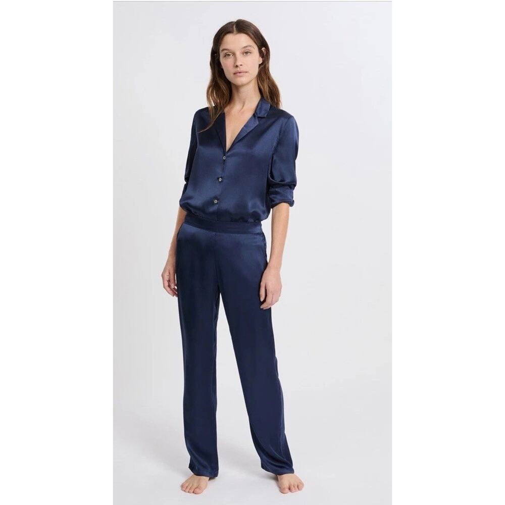 Etam Pearly 100% Silk Straight Leg Pajama Pants Navy Blue Sz M NEW $148